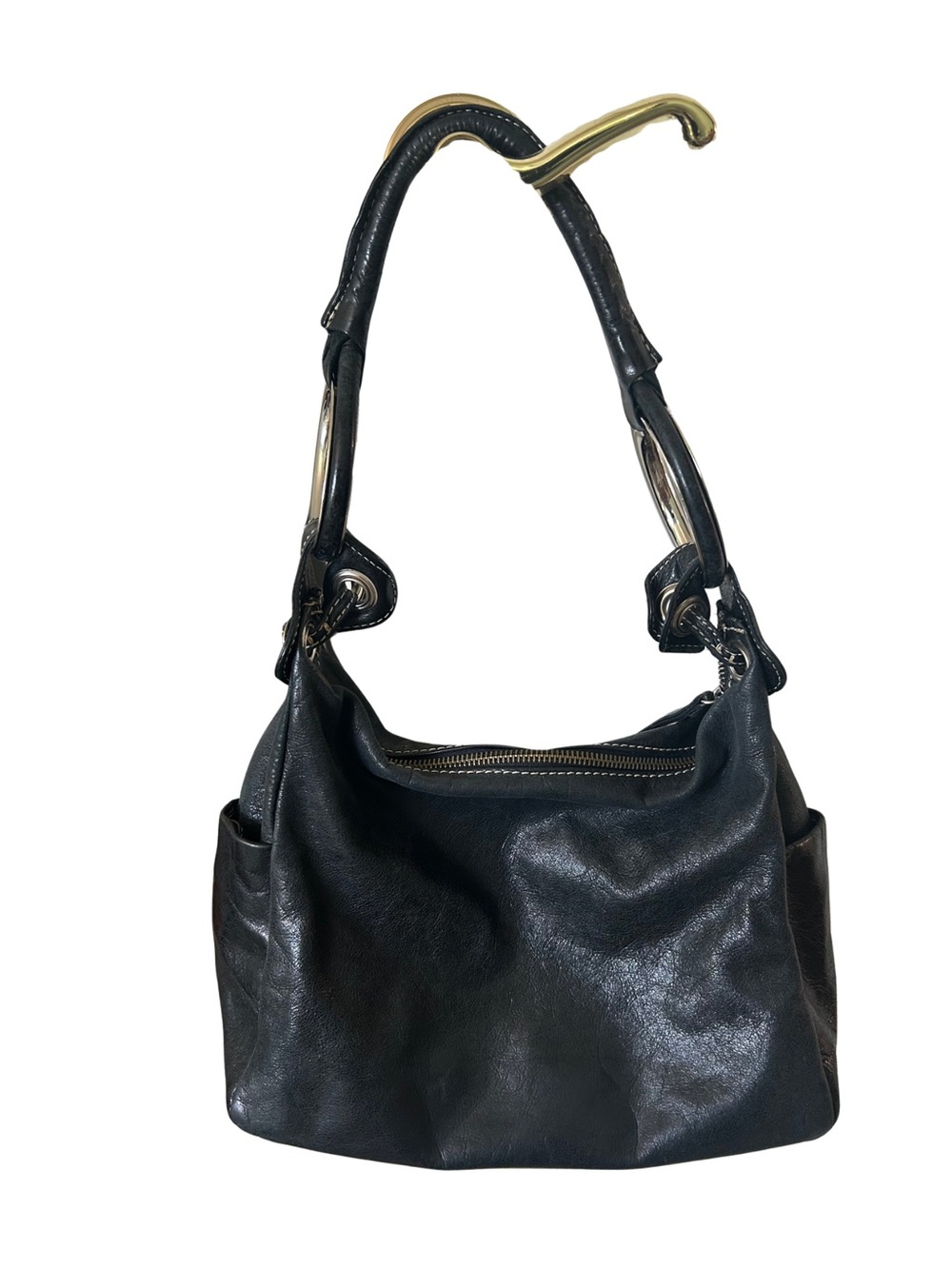 Helen Welsh Black Leather Moto Hobo Bag Y2K Ring Handle Slouchy Silver - Picture 3 of 8